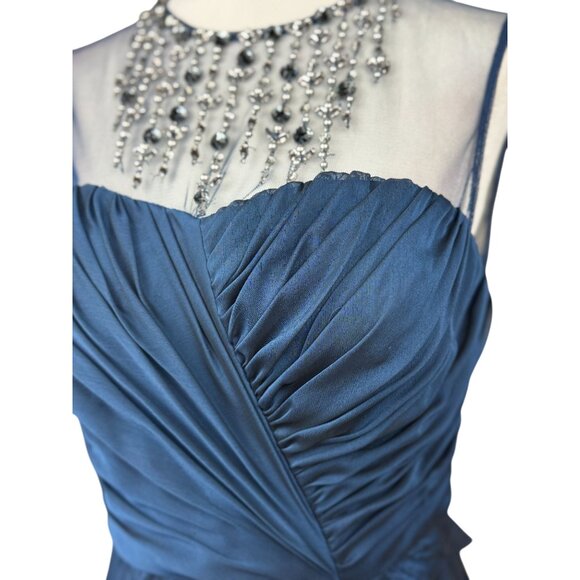 Adrianna Papell Blue Beaded Illusion Neck Tiered Chiffon Gown 4 Elegant Bodice - Picture 15 of 16